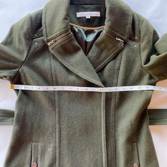 Kenneth Cole Women's Wool Blend Belted Olive Green Coat with Zipper Details Sz 8